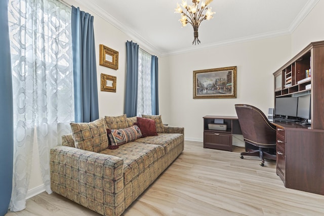 office space featuring a chandelier, light wood-style floors, baseboards, and crown molding