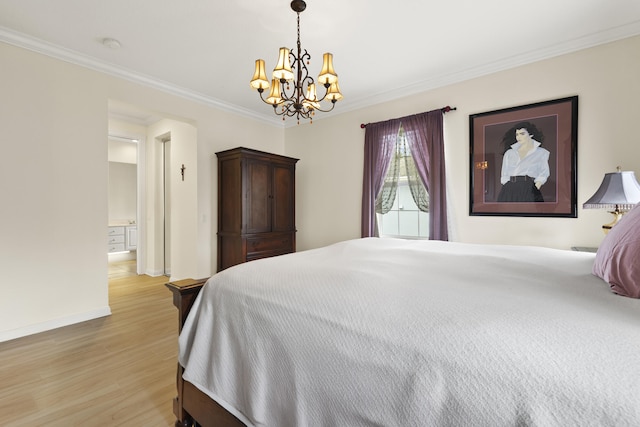 bedroom with a notable chandelier, light wood-style flooring, ornamental molding, and baseboards