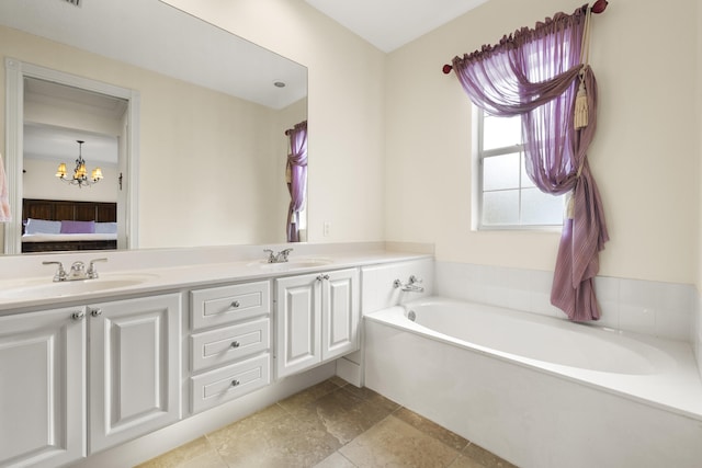 full bath featuring a bath, double vanity, connected bathroom, and a sink