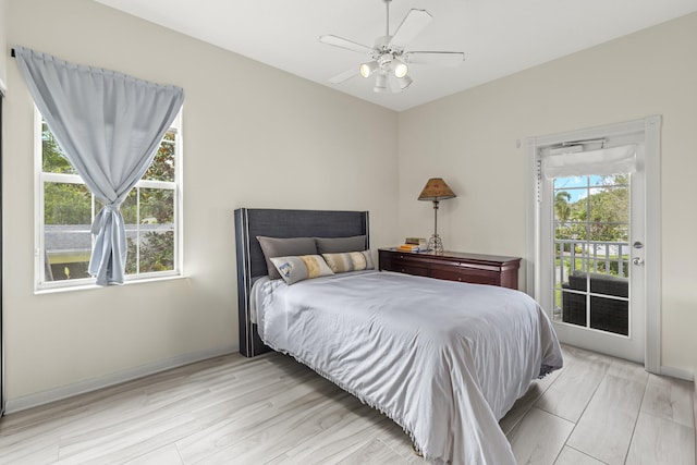 bedroom with ceiling fan, access to outside, light wood-style flooring, and baseboards