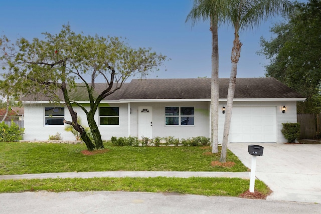 ranch-style home with concrete driveway, brick siding, an attached garage, and a front lawn