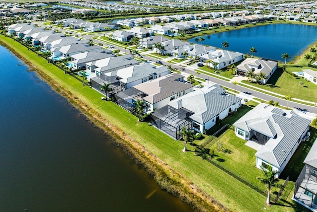 bird's eye view with a water view