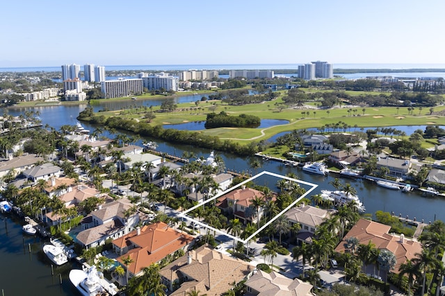 bird's eye view with a water view