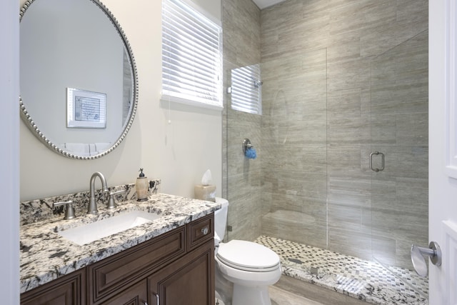 bathroom featuring vanity, a shower with door, and toilet