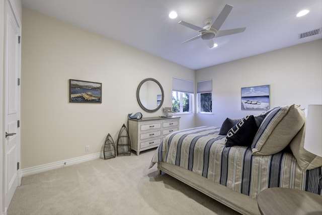 carpeted bedroom with ceiling fan