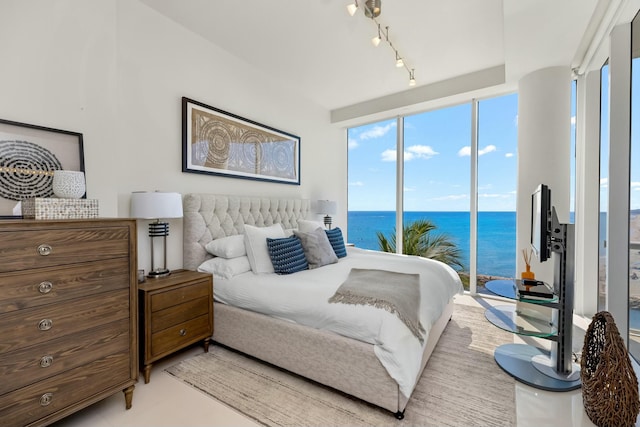 bedroom featuring access to outside, floor to ceiling windows, and track lighting