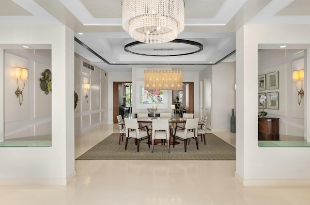 tiled dining space with a chandelier, recessed lighting, a raised ceiling, and visible vents