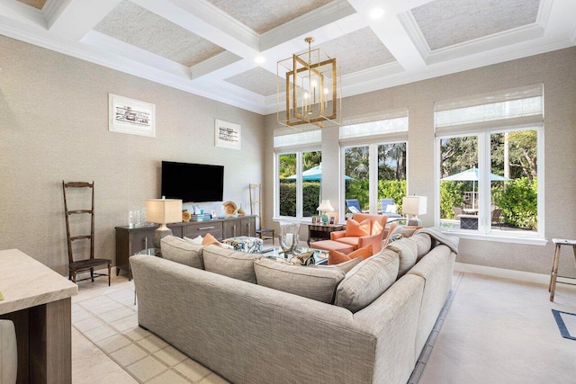 living room with a towering ceiling, coffered ceiling, beam ceiling, and a wealth of natural light