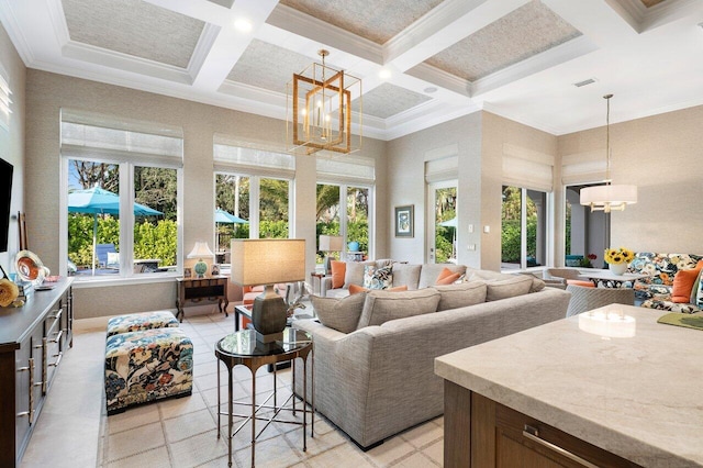 living room featuring a towering ceiling, coffered ceiling, beam ceiling, and a notable chandelier