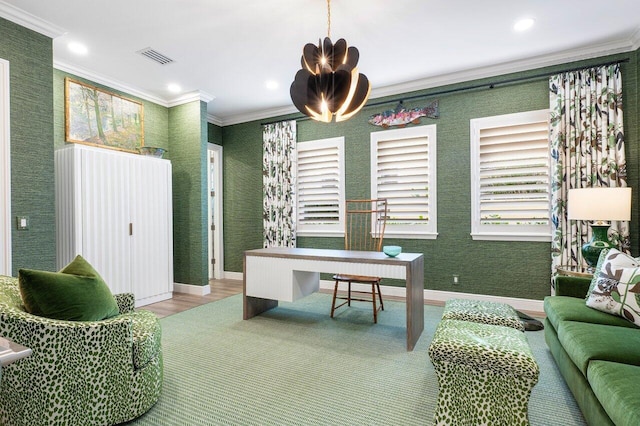 office area featuring hardwood / wood-style floors, crown molding, and a chandelier