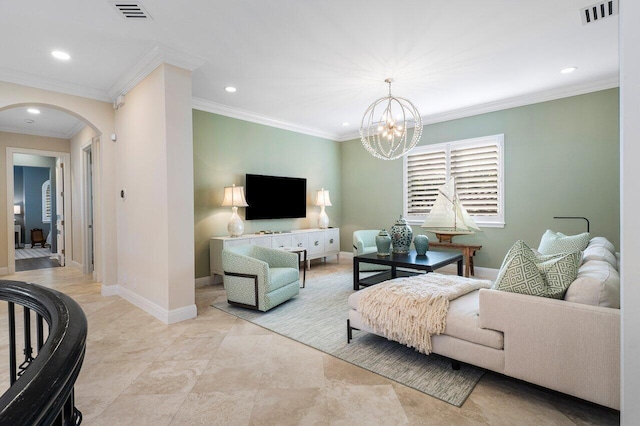 living room featuring ornamental molding and a chandelier