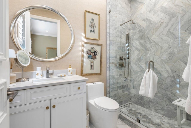 bathroom with vanity, toilet, and walk in shower