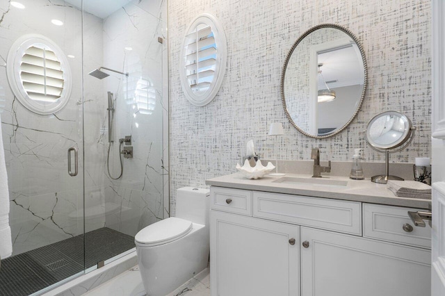 11205 Orange Hibiscus Ln, Palm Beach Gardens, FL 33418 - bathroom featuring a marble finish shower, vanity, marble look tiles, toilet, and tile walls