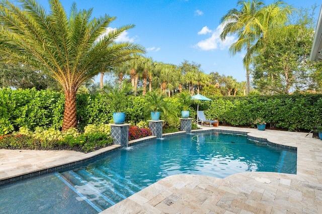 view of pool with a patio and pool water feature