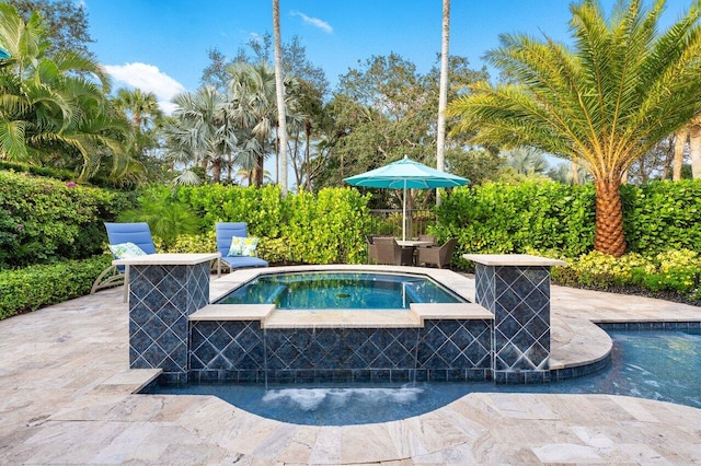 view of swimming pool with an in ground hot tub and a patio area