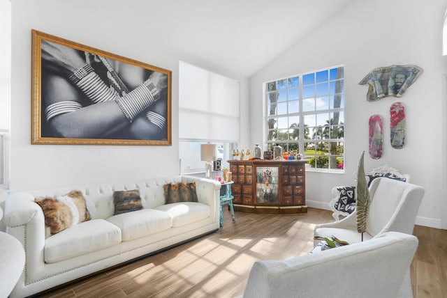 living room with vaulted ceiling and light wood-type flooring