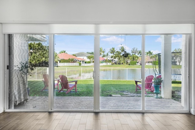 entryway featuring a water view, plenty of natural light, and hardwood / wood-style floors