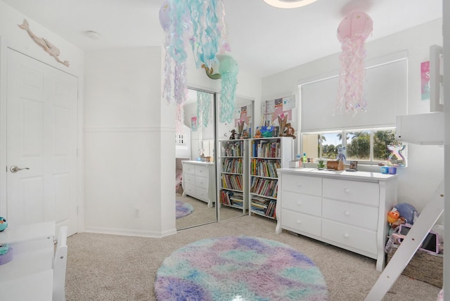 bedroom with light carpet