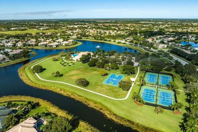 birds eye view of property featuring a water view