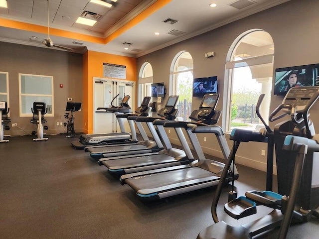 exercise room with ornamental molding and a raised ceiling