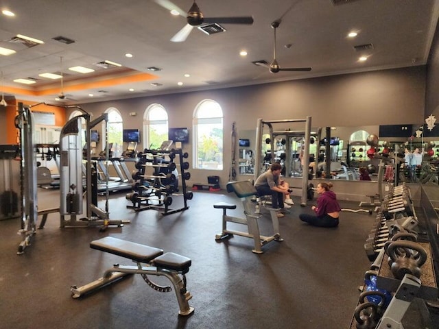 gym featuring crown molding, ceiling fan, and a raised ceiling