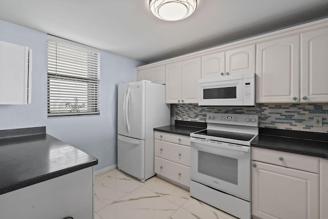 kitchen featuring white cabinets, white appliances, and decorative backsplash