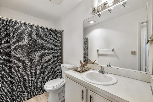 bathroom featuring a shower with curtain, wood-type flooring, toilet, and vanity