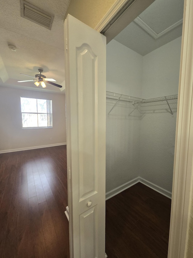 walk in closet featuring ceiling fan, dark hardwood / wood-style floors, and a raised ceiling