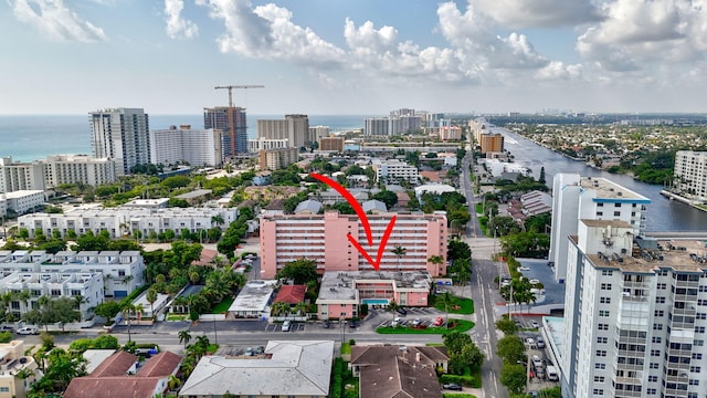 aerial view featuring a water view