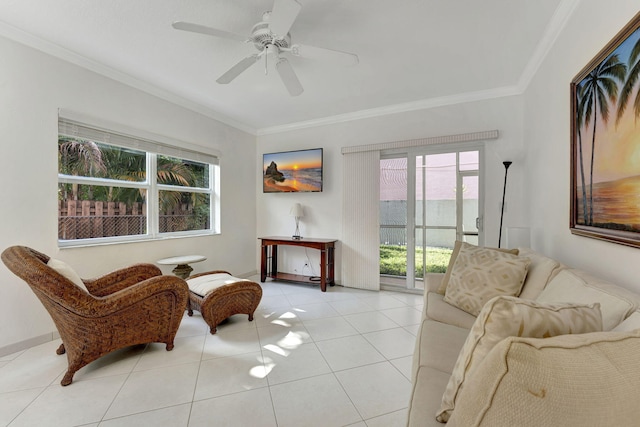 living area with crown molding, light tile patterned floors, and ceiling fan