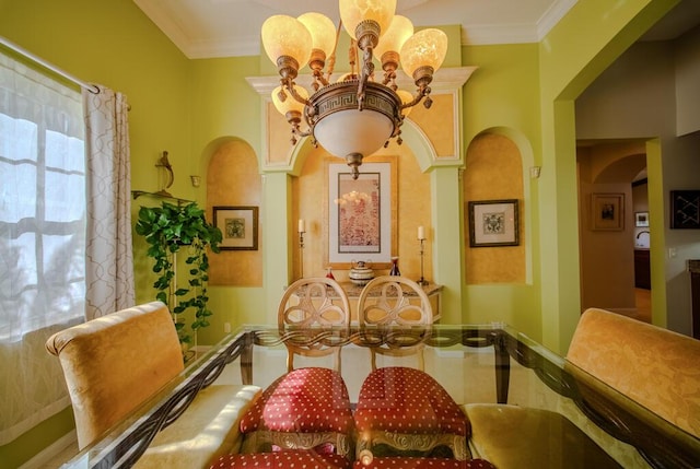 7551 Monticello Way, Boynton Beach, FL 33437 - dining area with arched walkways, a chandelier, and ornamental molding