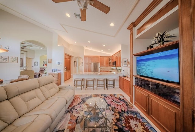 7551 Monticello Way, Boynton Beach, FL 33437 - living room with a ceiling fan, vaulted ceiling, arched walkways, and recessed lighting