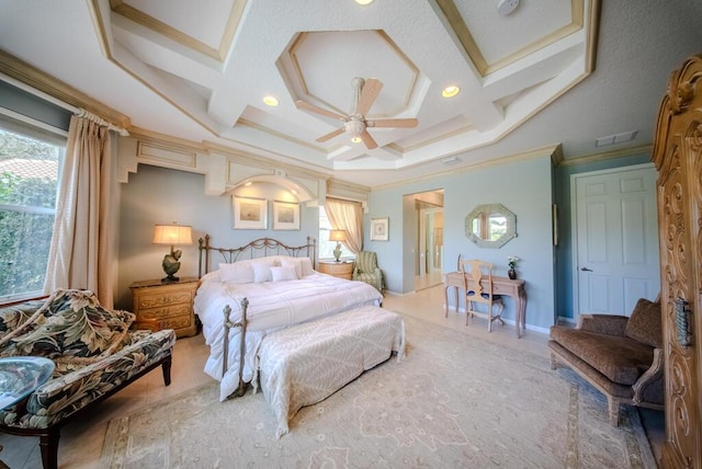 bedroom with crown molding, coffered ceiling, and beam ceiling