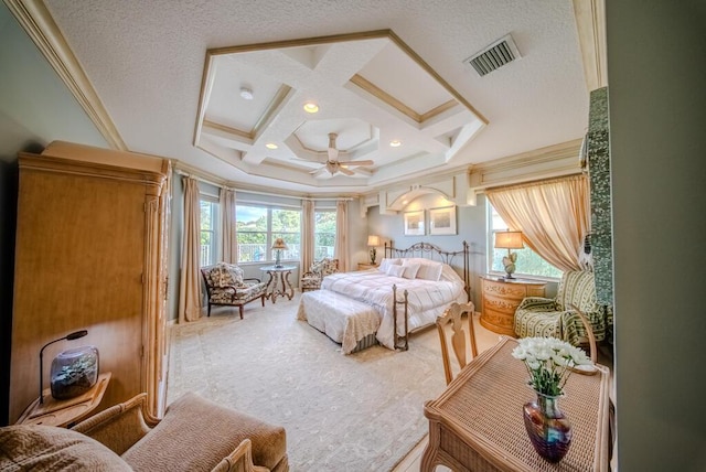 bedroom featuring coffered ceiling, ornamental molding, carpet flooring, beamed ceiling, and ceiling fan