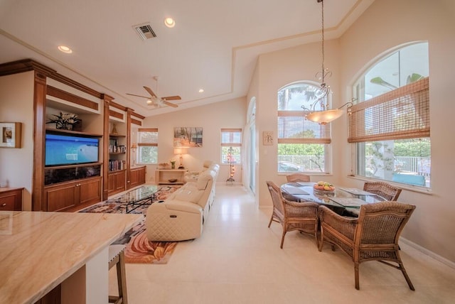 7551 Monticello Way, Boynton Beach, FL 33437 - living area with lofted ceiling, a ceiling fan, and recessed lighting
