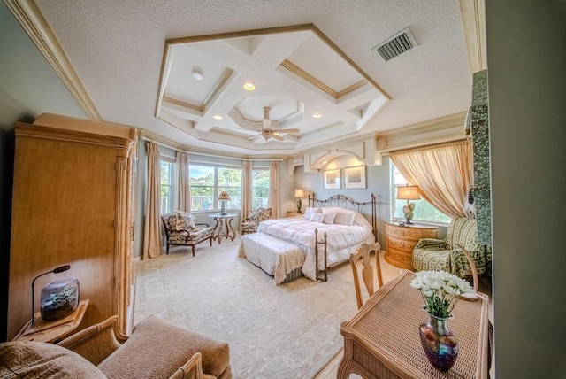 7551 Monticello Way, Boynton Beach, FL 33437 - bedroom with coffered ceiling, crown molding, multiple windows, carpet, and beam ceiling