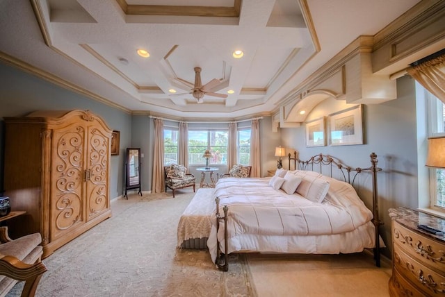 7551 Monticello Way, Boynton Beach, FL 33437 - bedroom featuring light carpet, coffered ceiling, ornamental molding, recessed lighting, and beam ceiling