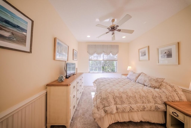 carpeted bedroom with ceiling fan