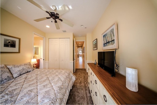 7551 Monticello Way, Boynton Beach, FL 33437 - bedroom featuring a closet, dark colored carpet, recessed lighting, and a ceiling fan