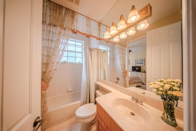 7551 Monticello Way, Boynton Beach, FL 33437 - ensuite bathroom with vanity, shower / bath combo with shower curtain, ceiling fan, and tile patterned flooring