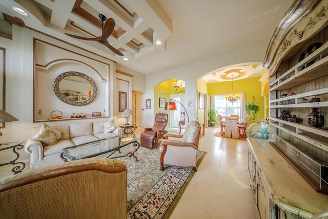 7551 Monticello Way, Boynton Beach, FL 33437 - living area with arched walkways, a chandelier, beamed ceiling, coffered ceiling, and recessed lighting