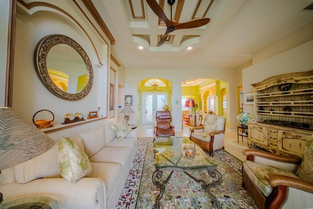 7551 Monticello Way, Boynton Beach, FL 33437 - living room with arched walkways, a ceiling fan, and recessed lighting