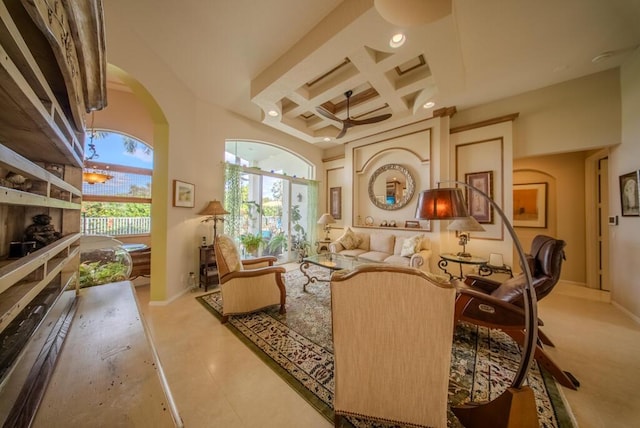 7551 Monticello Way, Boynton Beach, FL 33437 - living room featuring coffered ceiling, arched walkways, recessed lighting, beam ceiling, and a towering ceiling