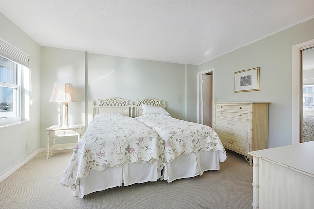 carpeted bedroom featuring ornamental molding