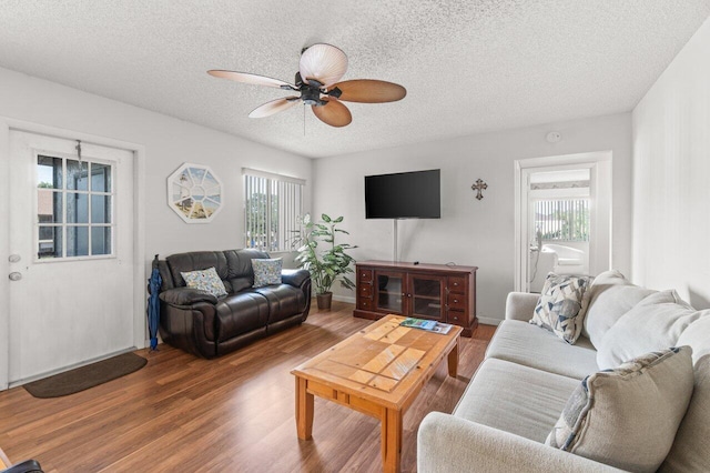 living room with wood-type flooring, ceiling fan, and a textured ceiling