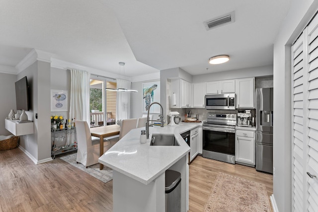 kitchen featuring sink, kitchen peninsula, white cabinets, and appliances with stainless steel finishes