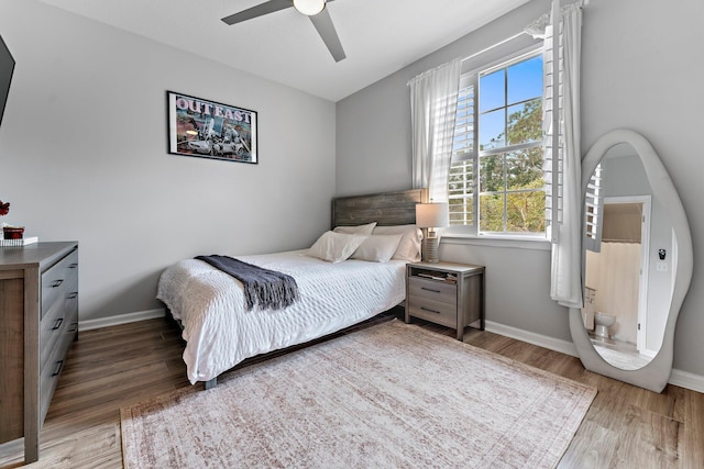 bedroom with multiple windows, hardwood / wood-style floors, and ceiling fan