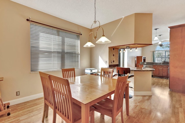 dining space with light hardwood / wood-style flooring and a textured ceiling