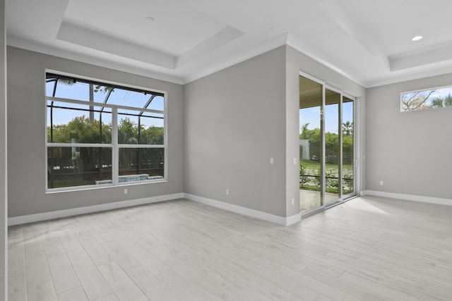 empty room featuring ornamental molding, a healthy amount of sunlight, a tray ceiling, and light hardwood / wood-style floors