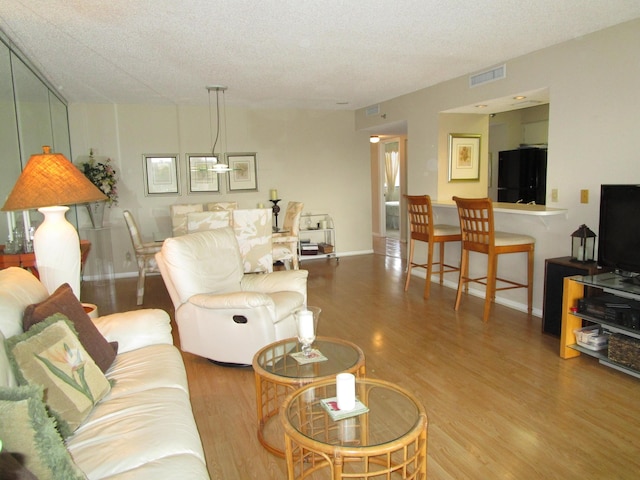 living room with hardwood / wood-style flooring and a textured ceiling